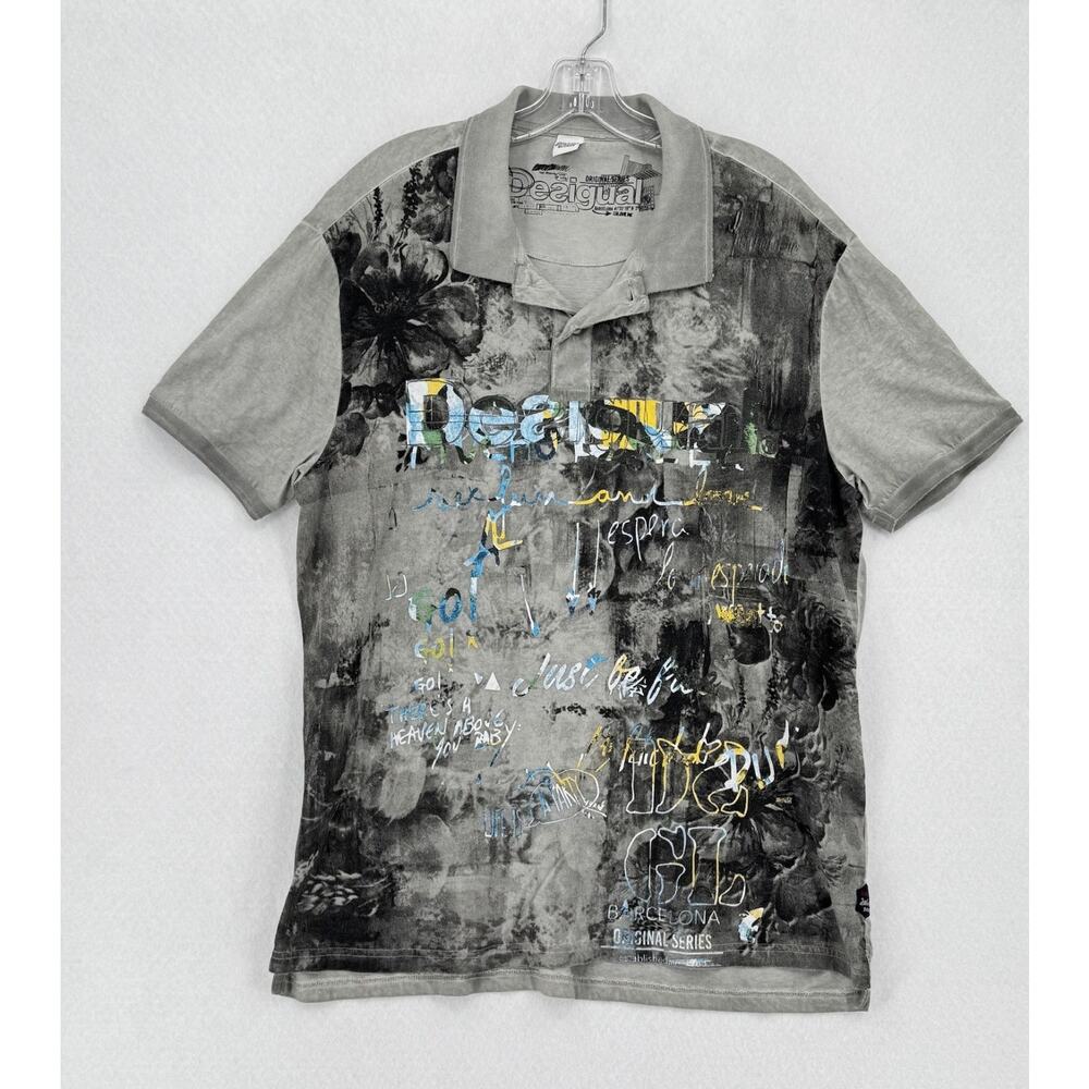 Desigual Barcelona Original Series Gray Floral Graffiti Graphic Polo Shirt 2XL
